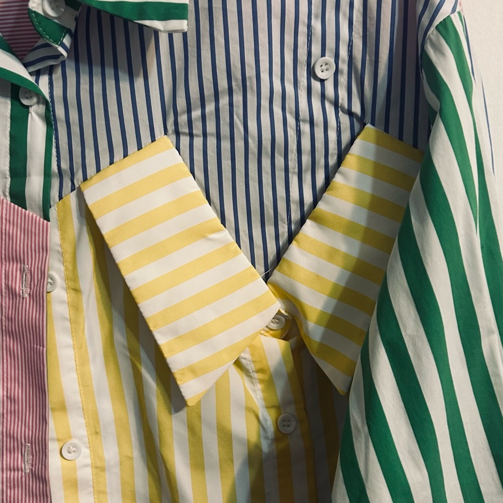 AKIRA Multi-Stripe Cropped Button-Up in Pink, Green, Blue - Picture 2 of 6